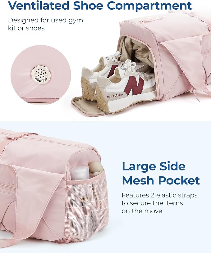 BAGSMART Gym Bag for Women, Lightweight Duffel with Shoe Compartment, Tote Bag with Wet Pocket for Yoga Travel, Pink