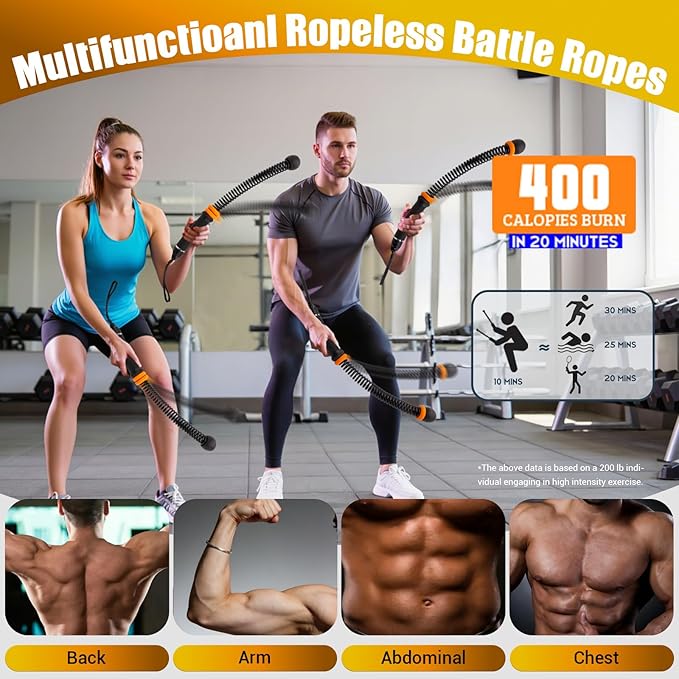 Portable Ropeless Battle Ropes, Adjustable Weights Cordless Battle Ropes for Home Gym with Storage Bag, Weighted Exercise Equipment for Low-Impact Workout, Strength & HIIT, for Men & Women (Black)