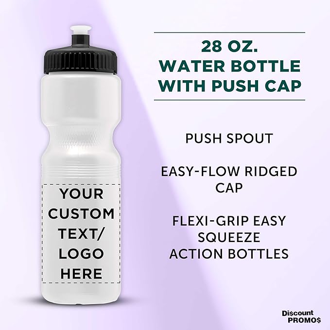 DISCOUNT PROMOS 28 oz. Custom Push Cap Plastic Water Bottles Set of 10/50/100, Personalized Bulk Pack - Perfect for Gym, Hiking, Camping, Outdoor Sports - White