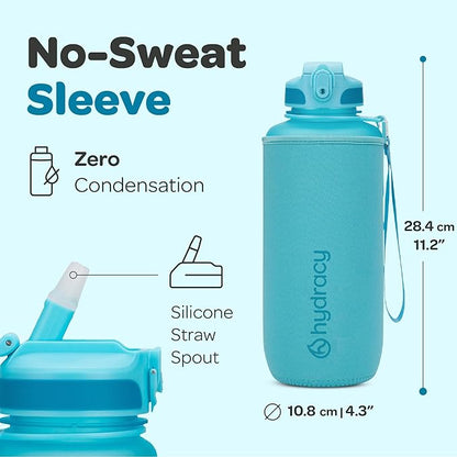 Hydracy Water Bottle with Time Marker -Large BPA Free Water Bottle & No Sweat Sleeve -Leak Proof Gym Bottle with Fruit Infuser Strainer & Times to Drink -Ideal for Fitness Sports & Outdoors