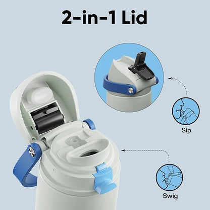 Insulated Water Bottle with Straw - Encool Stainless Steel Water Bottle with Push Button Lid, Leak-Proof & BPA-Free, Keeps Cold for 24 Hours for Sports, Travel, Gym (24 oz, Quill Grey-Blue)