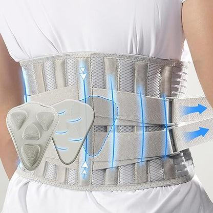 Back Brace Support Belt - Breathable Adjustable Lumbar Support, with EVA Removable Lumbar Pad, 6 Stays, for Lower Back Pain Relief (Light Gray, XX-Large)