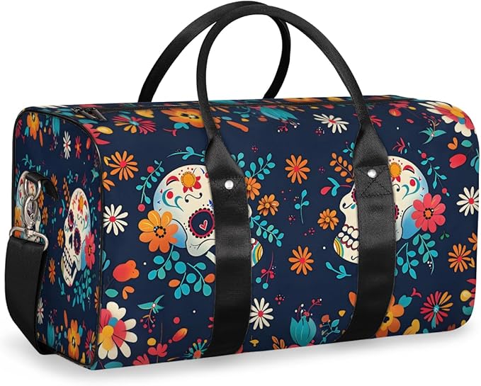 Travel Duffel Bag Colorful Mexican Skull Flower Sport Tote Gym Bag Waterproof Foldable Carryon Weekend Overnight Training Handbag Sports Duffle Bags for Women Men Boys Girls