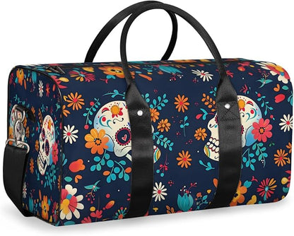 Travel Duffel Bag Colorful Mexican Skull Flower Sport Tote Gym Bag Waterproof Foldable Carryon Weekend Overnight Training Handbag Sports Duffle Bags for Women Men Boys Girls