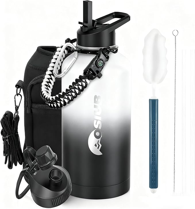 Insulated Water Bottle 87 oz, Triple Wall Vacuum Stainless Steel(Cold for 48 Hrs),Leak Proof & BPA-Free,One Gallon Water Bottle with Reflective Paracord & Flip Straw for Sports & Travel, DarkGray