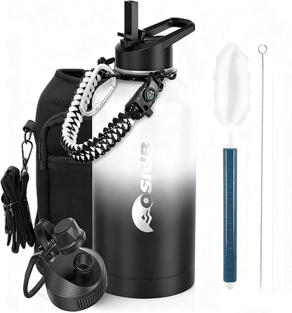 Insulated Water Bottle 87 oz, Triple Wall Vacuum Stainless Steel(Cold for 48 Hrs),Leak Proof & BPA-Free,One Gallon Water Bottle with Reflective Paracord & Flip Straw for Sports & Travel, DarkGray