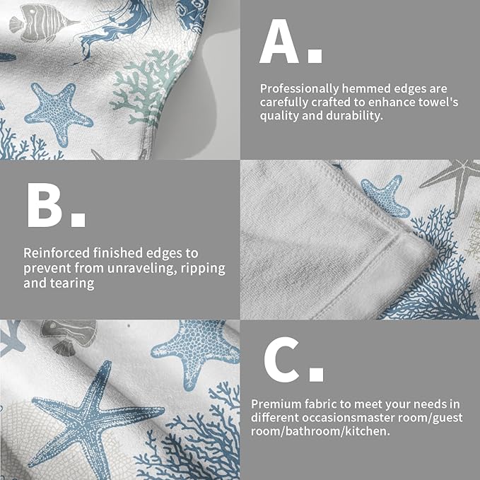 Nautical Blue Bathroom Hand Towels 2 Pack 14"x28" Sea Coral Starfish Kitchen Tea Dish Towels Coastal Ocean Theme Summer Soft Absorbent Face Towels for Bath Fingertip Gym Spa