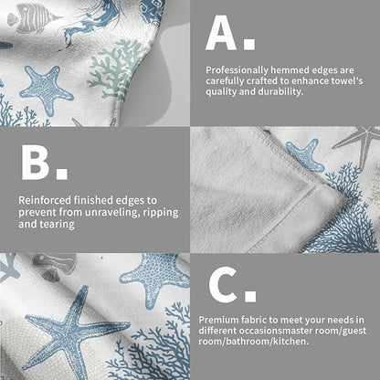 Nautical Blue Bathroom Hand Towels 2 Pack 14"x28" Sea Coral Starfish Kitchen Tea Dish Towels Coastal Ocean Theme Summer Soft Absorbent Face Towels for Bath Fingertip Gym Spa