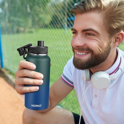 Insulated Water Bottle with Straw&2 Lids 32oz Metal Water Bottle Leakproof Travel Stainless Steel Water Bottles Reusable Double Wall Gym Sports Cup Flask for Camping Hiking, Green Blue