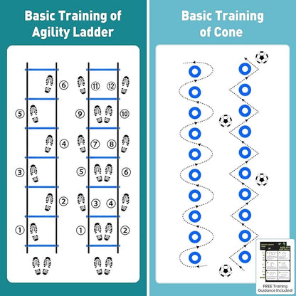 OLIXIS Soccer Agility Training Equipment Set- 20 ft Speed Ladder, 12 Soccer Cones, 4 Agility Hurdles, Jump Rope, Resistance Parachute Speed Training Equipment for Kids, Youth, Adults