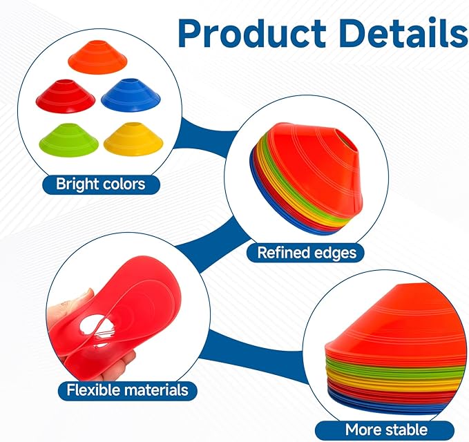 Soccer Cones for Sports Training with Mesh Carry Bag, Multi-Color Agility Disc Cones for Football Basketball Drills, 7.5 Inch Flexible Plastic Field Markers for Kids & Adults