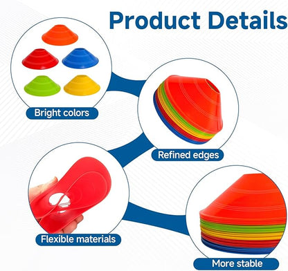 Soccer Cones for Sports Training with Mesh Carry Bag, Multi-Color Agility Disc Cones for Football Basketball Drills, 7.5 Inch Flexible Plastic Field Markers for Kids & Adults