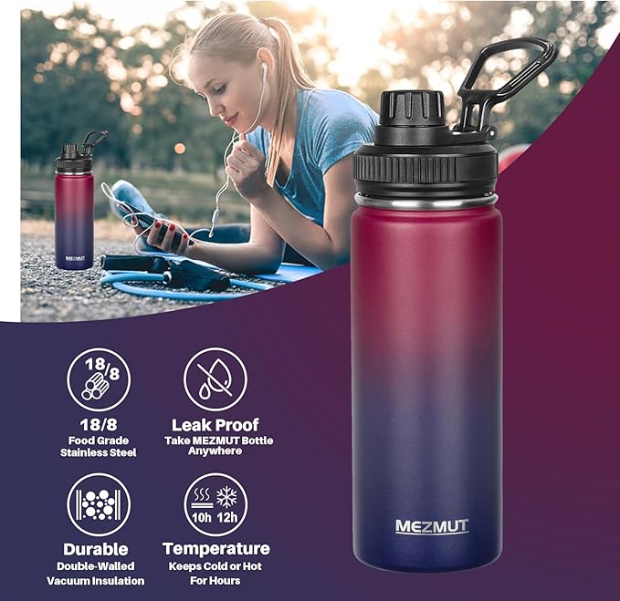 MEZMUT 18oz Insulated Water Bottle with Straw&3 Lids Stainless Steel Water Bottles Kids Metal Cups Water Bottle Cup for School Vacuum Insulated Bottles Leak-Proof Travel Cup (Gradient Red Blue)