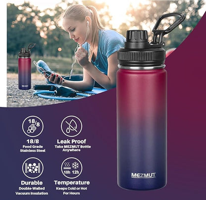 MEZMUT 18oz Insulated Water Bottle with Straw&3 Lids Stainless Steel Water Bottles Kids Metal Cups Water Bottle Cup for School Vacuum Insulated Bottles Leak-Proof Travel Cup (Gradient Red Blue)