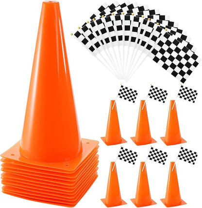 Bekith 12 Pack 12.5 Inch Plastic Traffic Cones with Racing Chequered Flags, Orange Agility Sports Cones, Thick Soccer Training Cones for Outdoor Activity, Festive Events, Fitness Training