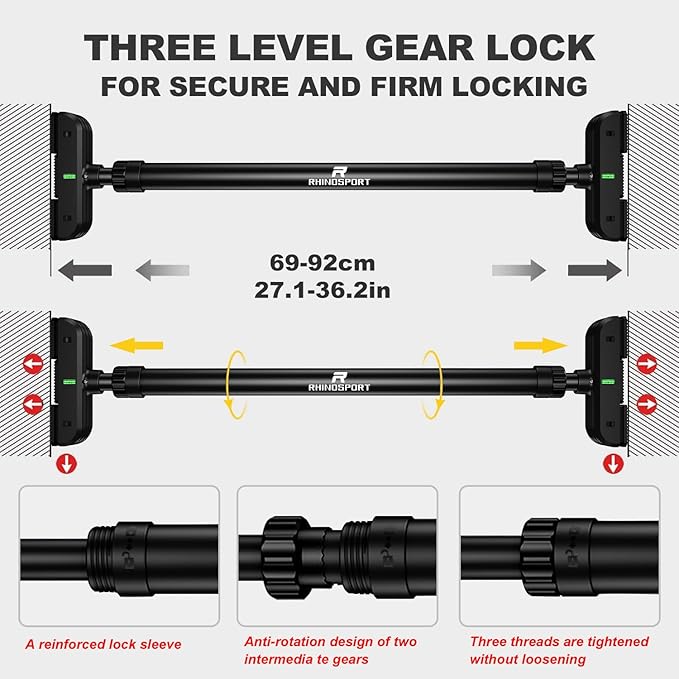 RHINOSPORT Door Pull Up Bar Doorway No-Screw from 69-92 cm (27.1in-36.2in) Workout Equipment for Home Gym Upper Body Workout Non-slip 2x EXTRA Foam Padding for Ultimate Door Frame Protection