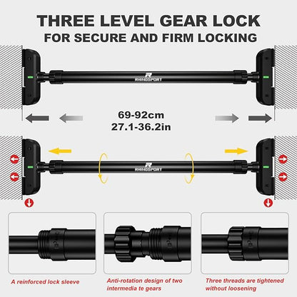 RHINOSPORT Door Pull Up Bar Doorway No-Screw from 69-92 cm (27.1in-36.2in) Workout Equipment for Home Gym Upper Body Workout Non-slip 2x EXTRA Foam Padding for Ultimate Door Frame Protection