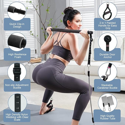 Pilates Bar Kit with Resistance Bands, Multifunctional Pilates Bar with 3 Set Exercise Resistance Bands, Portable Pilates Equipment for Women Home Gym Yoga Workouts