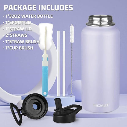 Insulated Water Bottle with Straw&2 Lids 32oz Metal Water Bottle Leakproof Travel Stainless Steel Water Bottles Reusable Double Wall Gym Sports Cup Flask for Camping Hiking, Purple