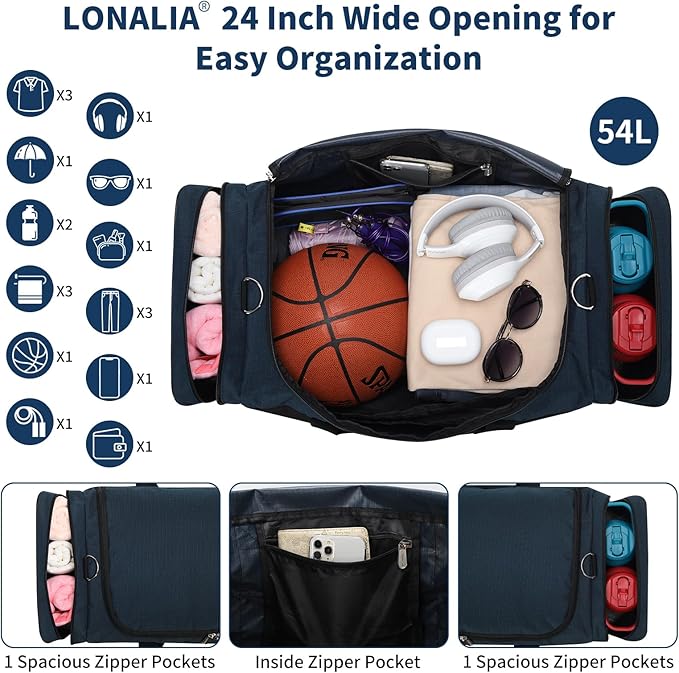 24 inch Gym Bag with Shoe Compartment - 55L Mens Duffle Bag for Sport Travel Workout-Navy Blue