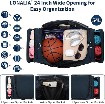 24 inch Gym Bag with Shoe Compartment - 55L Mens Duffle Bag for Sport Travel Workout-Navy Blue