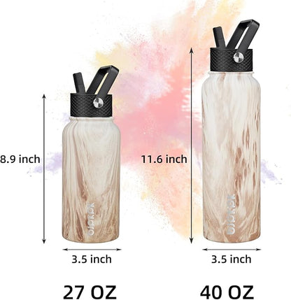 BJPKPK Insulated Water Bottles with Straw Lid, 27oz Stainless Steel Water Bottle with 3 Lids, Leak Proof BPA Free Metal Thermo, Mugs, Tumblers, Keep Cold Hot - Wood- Yellow Gray