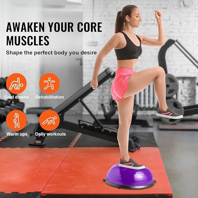 Half Exercise Ball Trainer 23 inch Balance Ball Trainer 1500lbs Capacity Stability Ball with Resistance Bands & Foot Pump, Strength Fitness Ball for Home Gym Full Body Workout