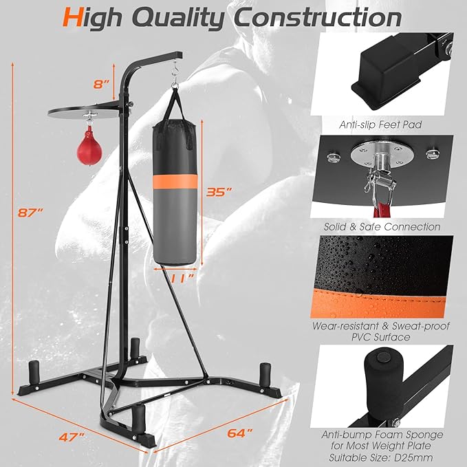 Goplus Punching Bag with Stand for Adults, Free-Standing Heavy Bag Stand with Height Adjustable Speed Bag for Boxing, Sandbag Rack Bracket Station for Home Gym Workout Fitness, Holds up to 220LBS