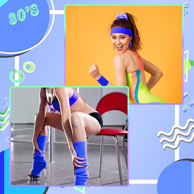 80s Neon Workout Costume Accessories Set 10 PCS Leg Warmers for Women 80s Headband Wristband Fanny Pack for Yoga Running