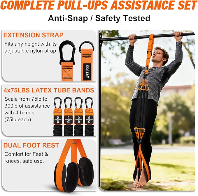 Heavy Duty Pull Up Assistance Bands, Pull Up Assist Band with Dual Foot Rests for Men, Home Gym Strength Training Equipment for Pull Up Bar, Adjustable 4 Resistance Bands for Back Workout