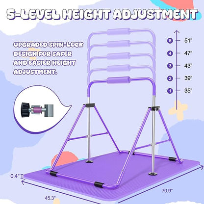 Safly Fun Foldable Gymnastics Bar for Kids, Adjustable 35"-51", Sturdy 145 lbs Capacity, Easy-to-Assemble, Gymnastics Equipment for Kids for Indoor/Outdoor Training