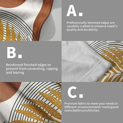 Boho Leaves Kitchen Towels Decorative Set Mid Century Golden Leaf Hand Towels Abstract Modern Sun Minimalist Arch Curve Geometric Boemian Soft Absorbent Drying Tea Towel for Home Yoga Gym Bathroom