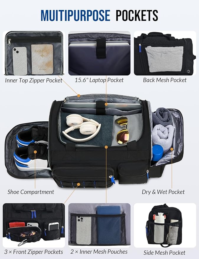 Gym Bag for Men Women with Shoes Compartment 3-in-1 Sports Travel Duffel Bag Multipurpose Weekender Overnight Backpack with Wet Pocket - Black
