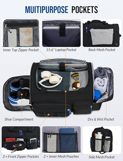 Gym Bag for Men Women with Shoes Compartment 3-in-1 Sports Travel Duffel Bag Multipurpose Weekender Overnight Backpack with Wet Pocket - Black