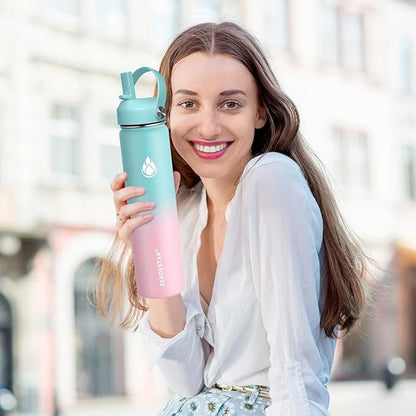 SENDESTAR Stainless Steel Wide Mouth Water Bottle 24oz Double Wall Vacuum Insulated Leak Proof Bottle with New Flex Straw Lid & Spout Lid