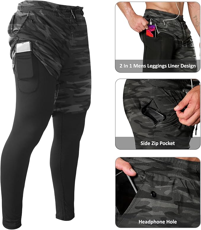 OEBLD Mens 2 in 1 Athletic Running Pants Quick Dry Gym Workout Shorts for Men Compression Pants with Pockets