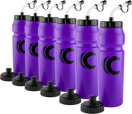 Cannon Sports 1 Liter Sports Water Bottle, BPA-Free, 34 Oz Capacity, Large Mouth, 2 lids (Straw and Squeeze), Great For Helmet Sports Such As Hockey, Lacrosse, Football, Boxing (6 Pack) (Purple)