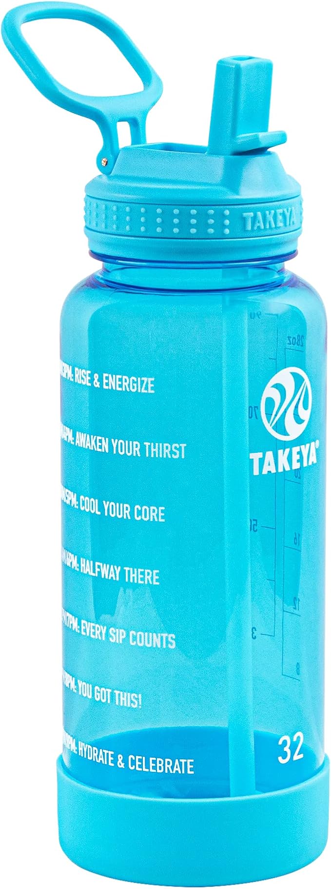 Takeya Tritan 32 oz Motivational Water Bottle with Straw Lid - Durable, BPA-Free - With Time Marker - Leakproof & Non-Slip Bumper - Breezy Blue