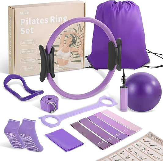 Pilates Essentials Kit-Home Pilates kit for Women with Pilates Ring and Ball,5 Resistance Bands for Beginners-Train Muscles, Flexibility & Core Strength