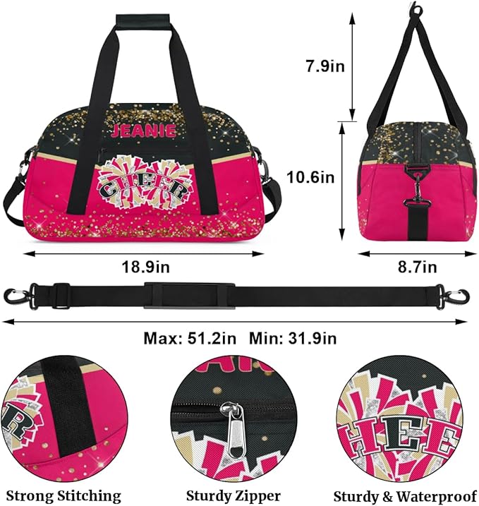 Personalized Cheer Gym Bags for Girls Kids Cheerleaders with Custom Name Sport Dance Perform Training Duffel Bags for Overnight Weekender Travel Black Red
