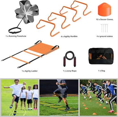 Agility Ladder Set 20ft, 4 Hurdles, 12 Soccer Cones, Jump Rope & Running Parachute - Speed Agility Training Equipment for Soccer Fitness Kids Youth Adults