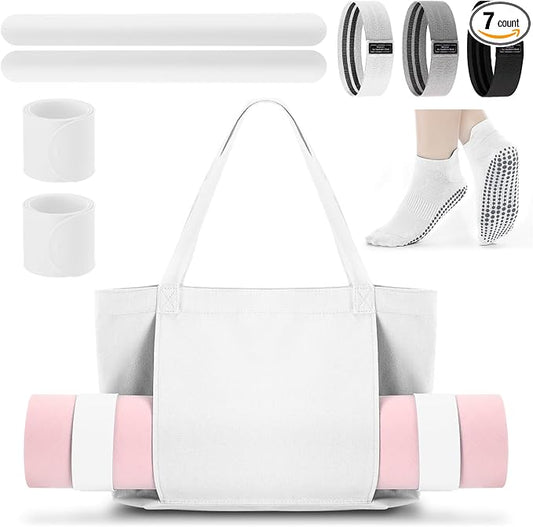 Yoga Bag Set for Women Including Yoga Mat Tote Bag, Booty Resistance Bands, Non Slip Sports Socks Silicone Ties for Pilates Travel Workout Office Home Gym