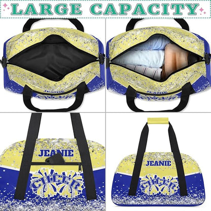 Personalized Cheer Gym Bags for Girls Kids Cheerleaders with Custom Name Sport Dance Perform Training Duffel Bags for Overnight Weekender Travel Yellow Blue
