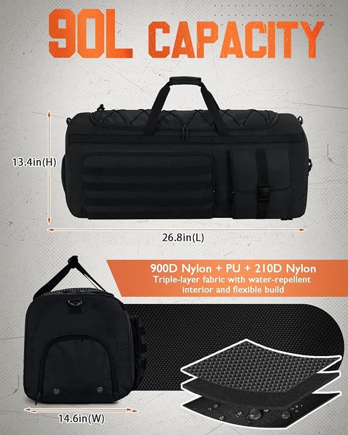 Gonex 90L Large Duffel Bag for Men, Heavy Duty 3 in 1 Convertible Carry Travel Sports Duffle, with Tactical Loops, Shoe Compartment(Black)