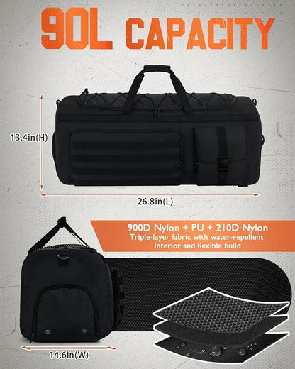 Gonex 90L Large Duffel Bag for Men, Heavy Duty 3 in 1 Convertible Carry Travel Sports Duffle, with Tactical Loops, Shoe Compartment(Black)