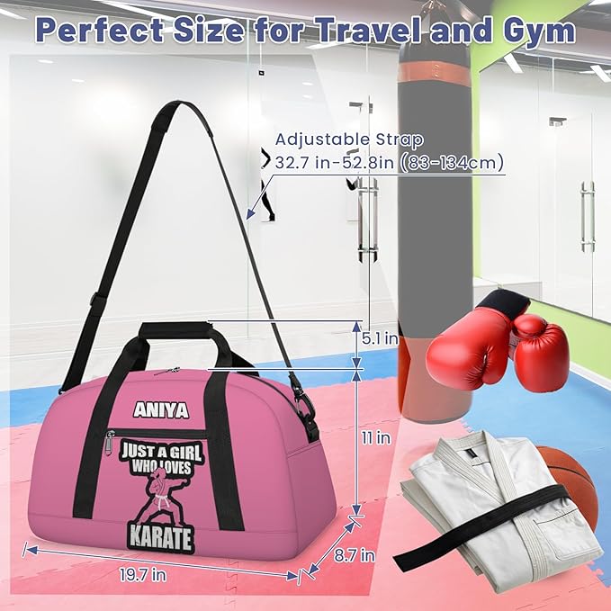 Custom Name Taekwondo Karate Duffle Bag for kids Girls - Personalized Martial Arts Gear Bag, Water-Resistant Sparring Equipment Bag, Karate Pink