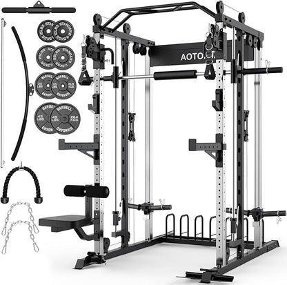 Smith Machine Strength Training Squat Rack with Smith Bar, Power Cage with LAT Pull-Down Systems, Cable Crossover Machine for Home Gym