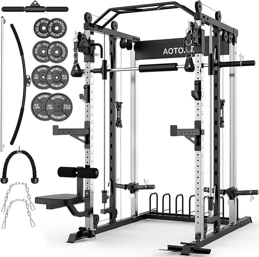 Smith Machine Strength Training Squat Rack with Smith Bar, Power Cage with LAT Pull-Down Systems, Cable Crossover Machine for Home Gym