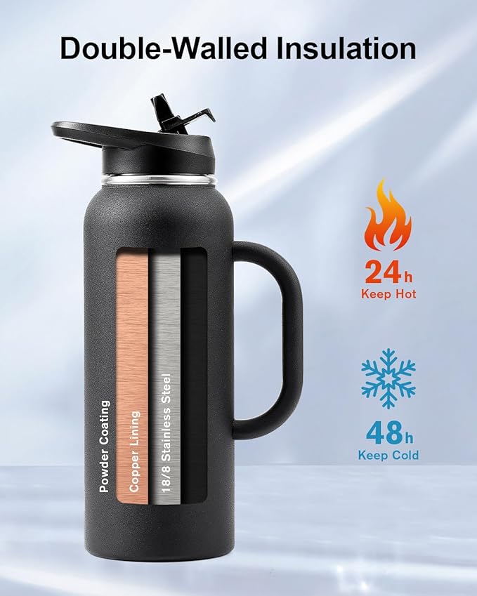 Trebo 40oz Water Bottle Insulated with Handle, Stainless Steel Metal Large Jug,Travel Flask with Straw Spout Lid,Mug Tumbler Cup,Keep Cold Hot, Indigo Black