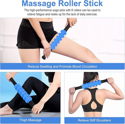 5 in 1 Foam Roller Set Includes Hollow Core Massage Roller, Yoga Stick, Massage Ball, Fitness Stretching Strap, Massage Roller, Carrying Bag, Towel (Blue)